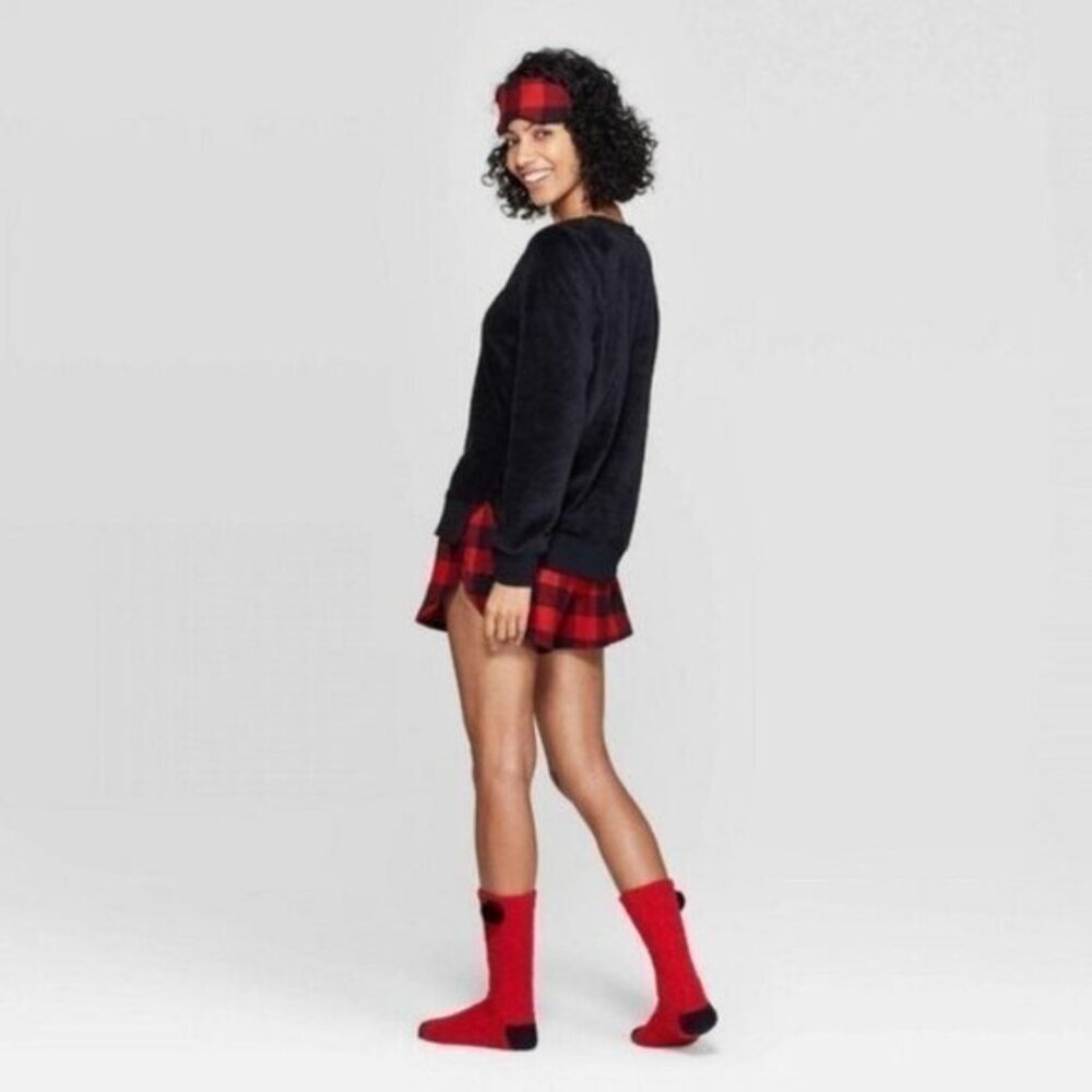 Women’s Christmas Lounge Set Black Top & Red Buffalo Plaid Shorts - Picture 2 of 3